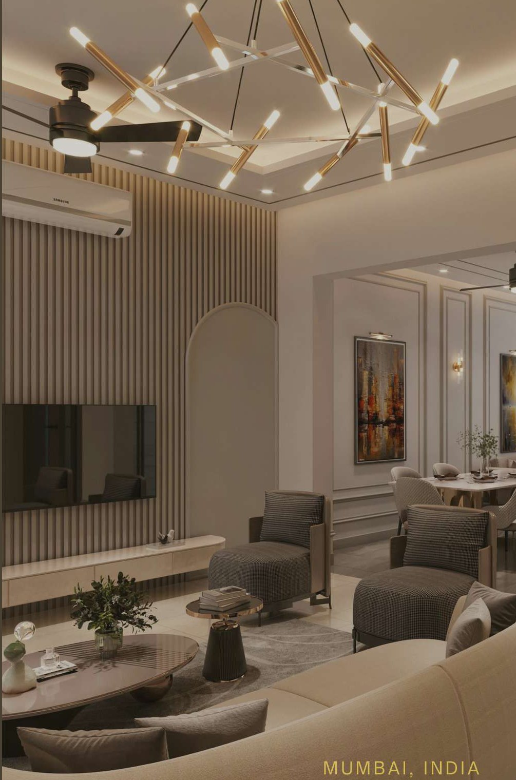 Luxury Mumbai living room with statement chandelier and fluted wall panels